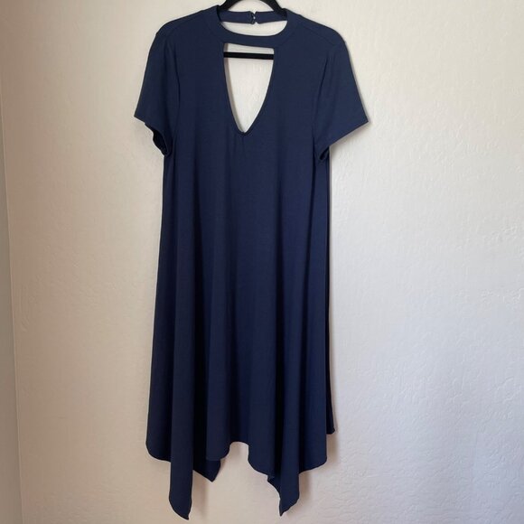 Torrid Trapeze Jersey Navy Dress Mirrored Keyhole CutOuts Short Sleeve Large/12 - Picture 3 of 7